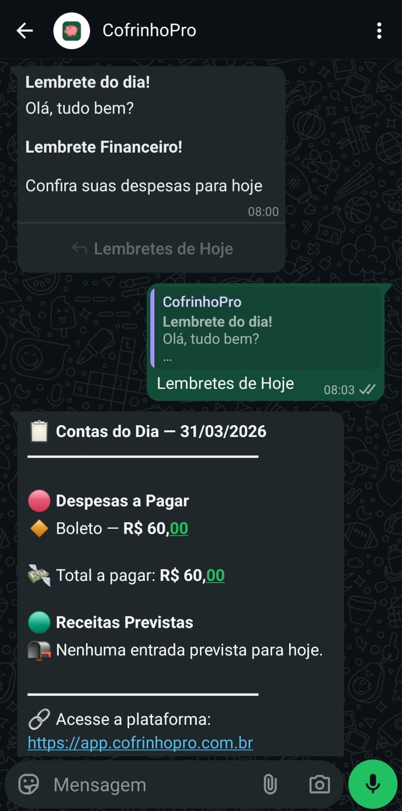 Lembrete diário de contas pelo WhatsApp