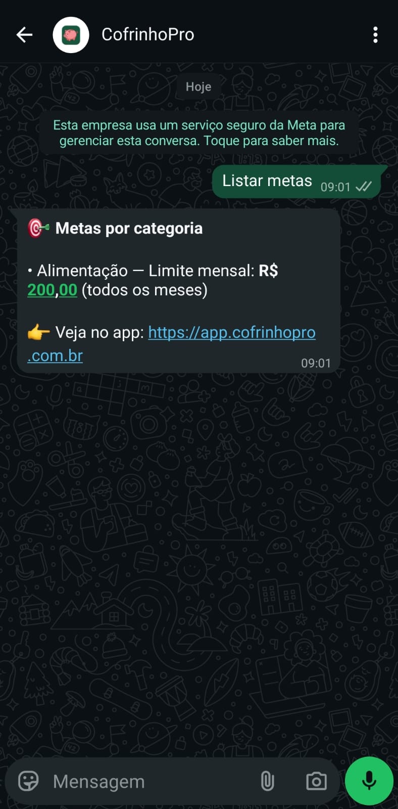 Listando metas por categoria no WhatsApp